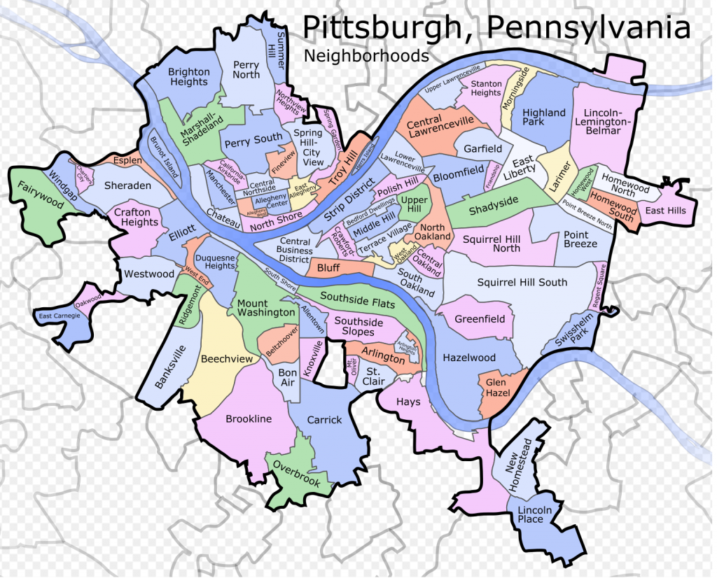 The many neighborhoods of Pittsburgh. We live in Garfield. Can you find it? Hint: that means we are East Enders.