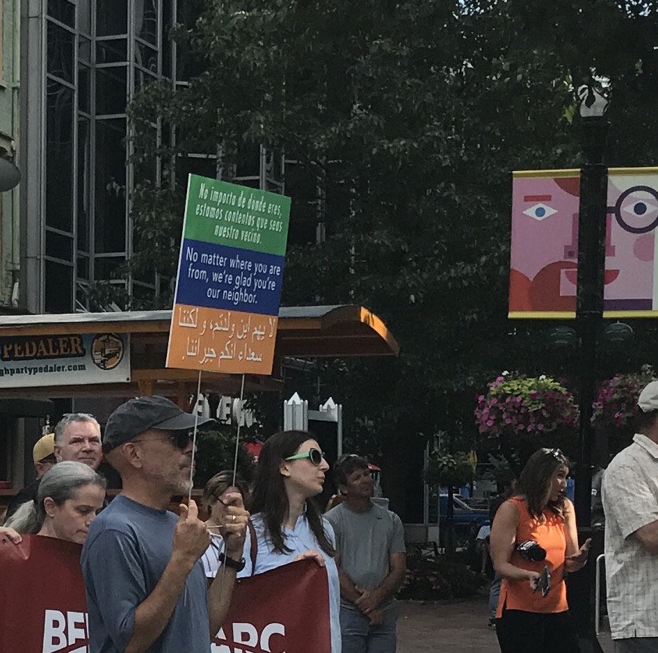 We rode the bus to Market Square soon after the tragedy in Charlottesville. The "we're glad you're our neighbor" sign, which originated in Harrisonburg, and can be seen all over the city, gives us hope.