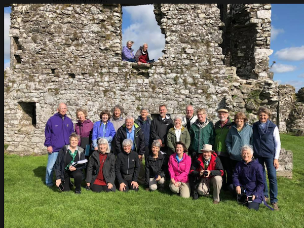 Our group of 22 pilgrims at the ruins of the monastery on the Hill of Slane, Ireland.