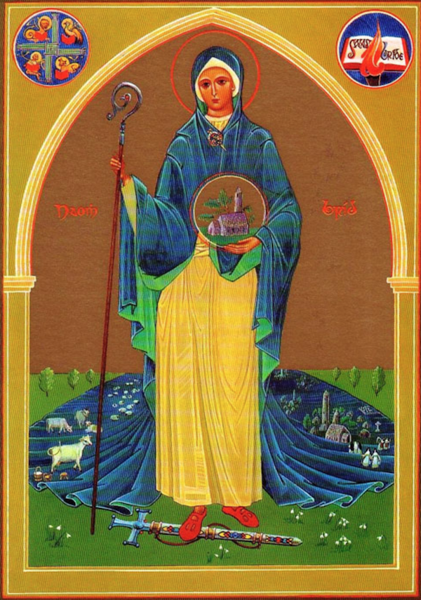 See explanation of the icon's symbols here: http://brigidine.org.au/about-us/our-patroness/the-icon-of-saint-brigid/