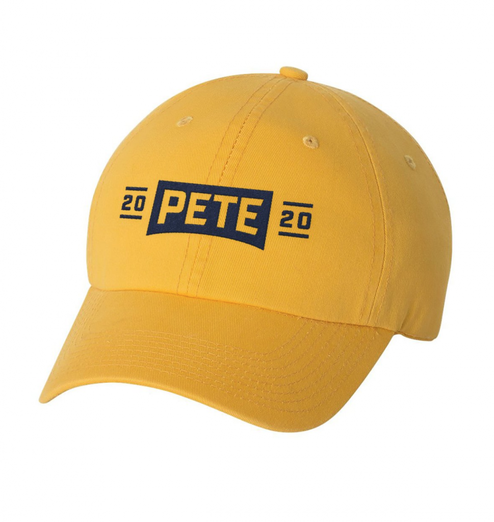 Screen shot from the campaign website store: https://store.peteforamerica.com/collections/gear/products/pete-2020-embroidered-hat