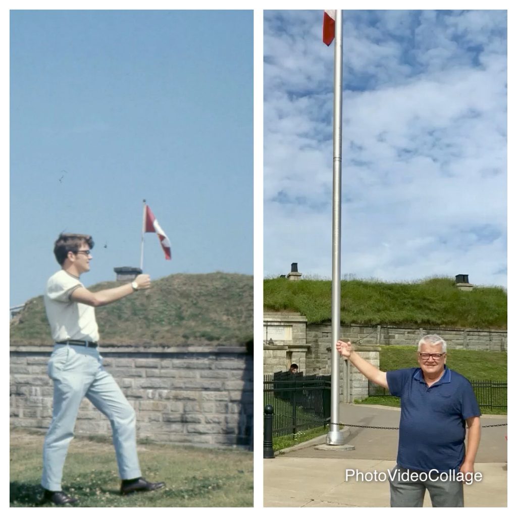 Standing in front of the Citadel. Halifax. Clowning with flags after 50 years.